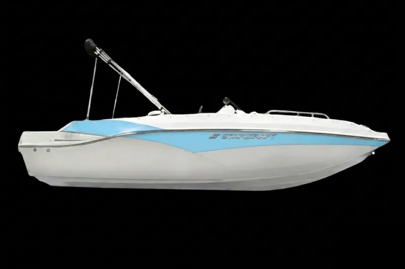 The Image of 2027 Starcraft SVX 190 OB boat with blue and white design on black background. - 0