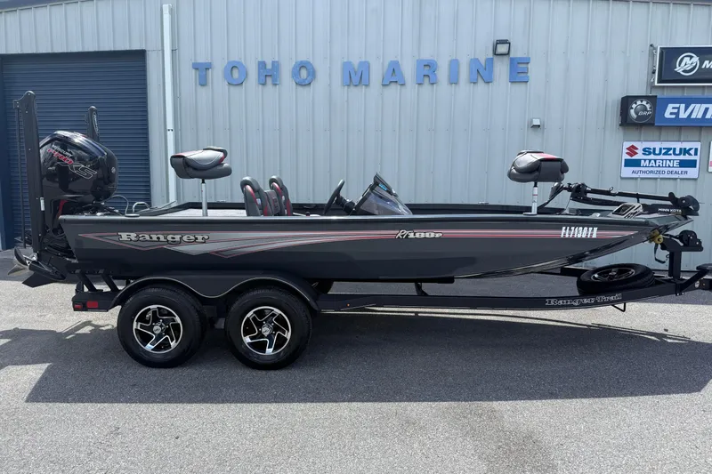 The Image of 2024 Ranger RT188P fishing boat at Toho Marine dealership, featuring sleek design and dual axle trailer. - 1