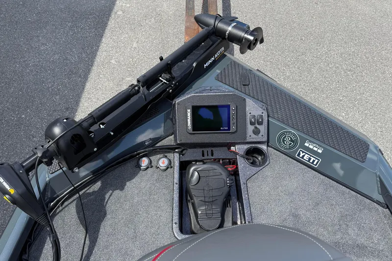 Slide: The Image of 2024 Ranger RT188P boat dashboard with Minn Kota trolling motor and Lowrance Elite fish finder. - 9