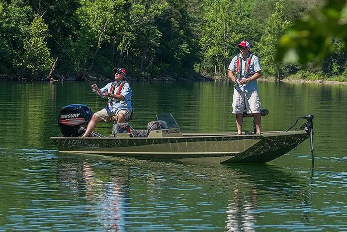 Slide: The Image of Manufacturer Provided Image: Two people fishing on a 2025 Lowe Roughneck 1860SC boat in a serene lake. - 23