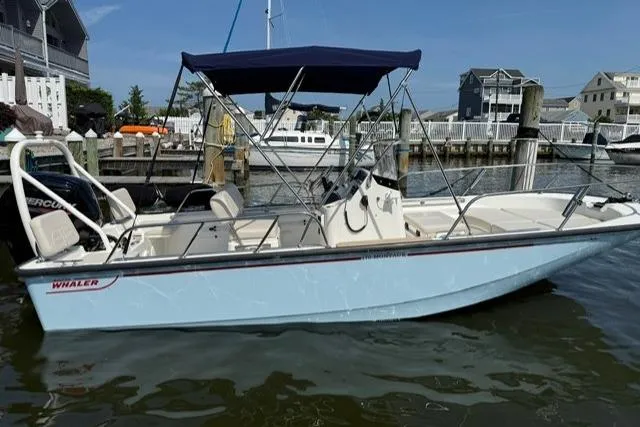 The Image of 2025 Boston Whaler 170 Montauk boat docked at marina with blue canopy. - 0