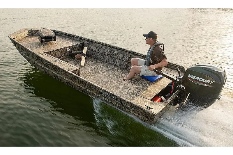 Slide: The Image of Manufacturer Provided Image: 2025 Lowe Roughneck 1860 boat on water, man steering, Mercury outboard motor. - 19