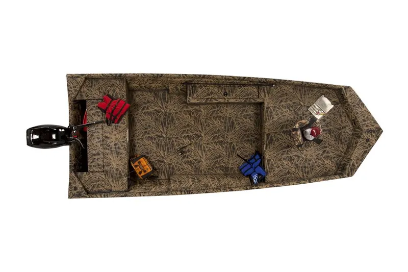 Slide: The Image of Manufacturer Provided Image: Top view of 2025 Lowe Roughneck 1860 boat with camouflage design and gear. - 22