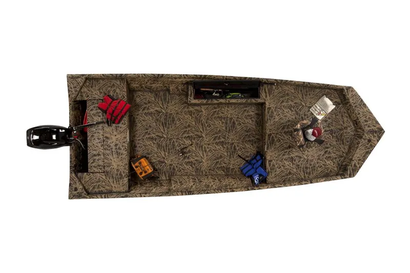 Slide: The Image of Manufacturer Provided Image: 2025 Lowe Roughneck 1860 boat, aerial view, camo design, equipped with life jackets and gear. - 23