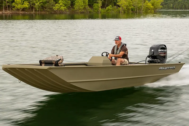 Slide: The Image of Manufacturer Provided Image: 2025 Lowe Roughneck 1860 Rambler boat cruising on a lake with a driver. - 16