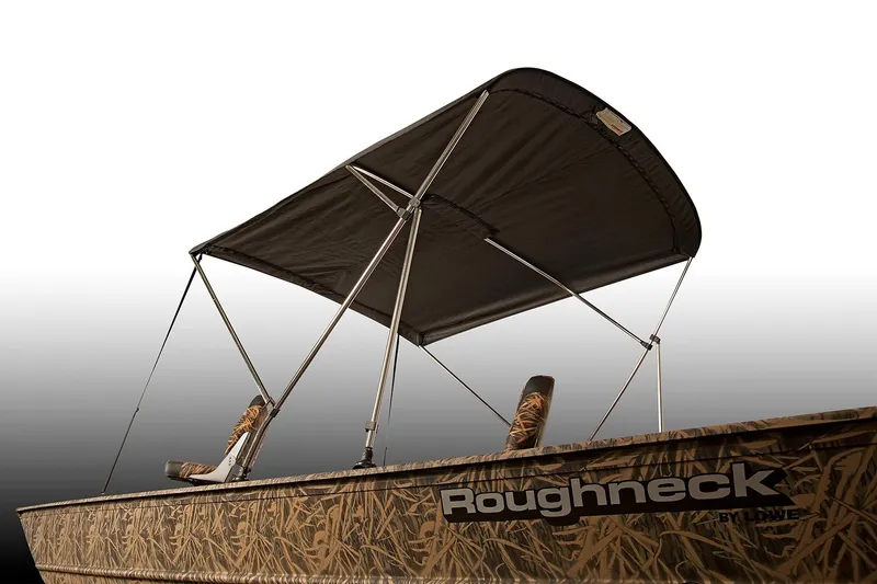 Slide: The Image of Manufacturer Provided Image: 2025 Lowe Roughneck 1860 Rambler boat with camouflage design and canopy. - 23