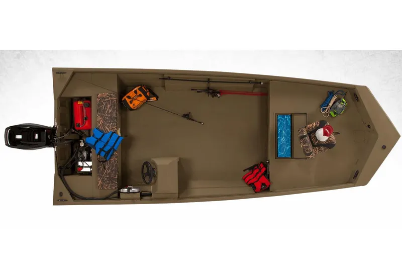 Slide: The Image of Manufacturer Provided Image: 2025 Lowe Roughneck 1860 Rambler boat interior with fishing gear and life jackets. - 25
