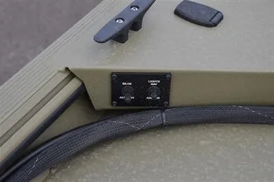Slide: The Image of 2025 Lowe Roughneck 1860 Rambler boat control panel with switches and wiring. - 16