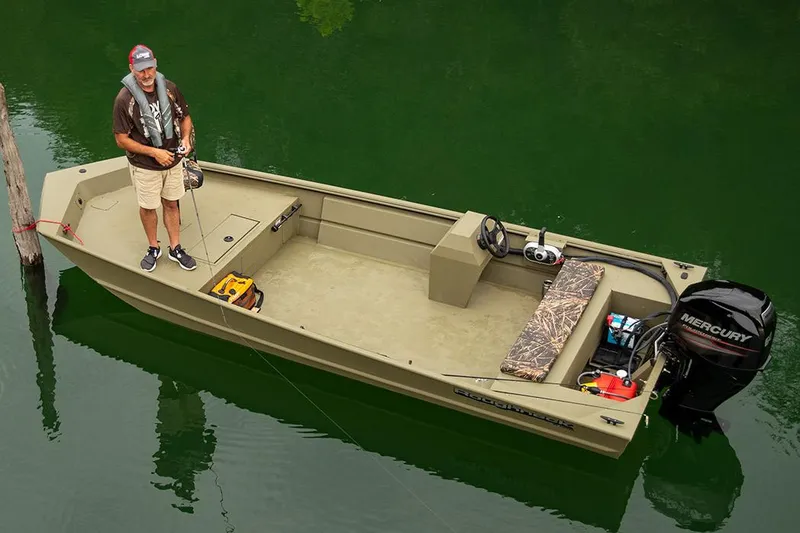 Slide: The Image of Manufacturer Provided Image: 2025 Lowe Roughneck 1860 Rambler boat on calm water with a person fishing. - 19