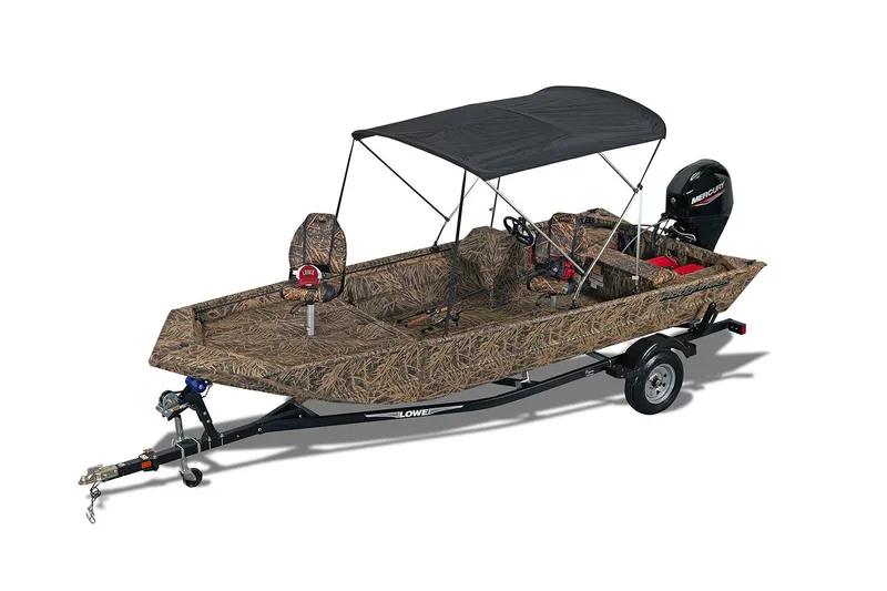 Slide: The Image of Manufacturer Provided Image: 2025 Lowe Roughneck 1860 Rambler boat with camouflage design and canopy on trailer. - 25