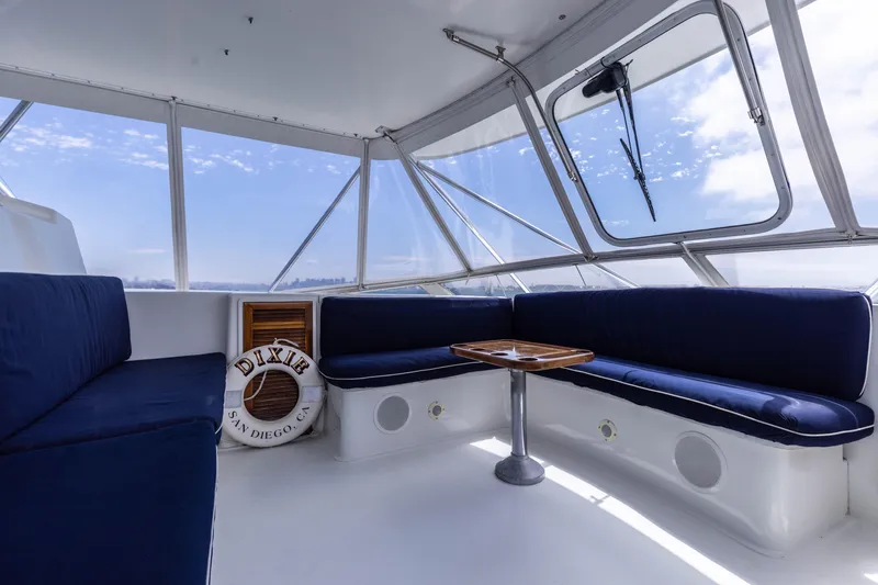 Slide: The Image of Interior of a 1988 Donzi boat with blue seating and panoramic windows. - 9