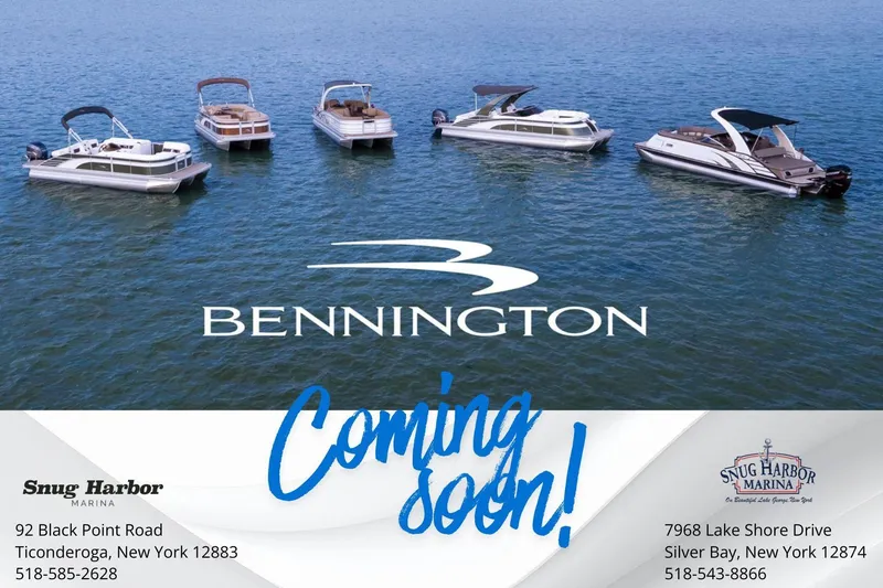 Slide: The Image of Boats on water with "Bennington" logo, promoting 2026 Bennington 25 RX Swingback, "Coming Soon!" - 1