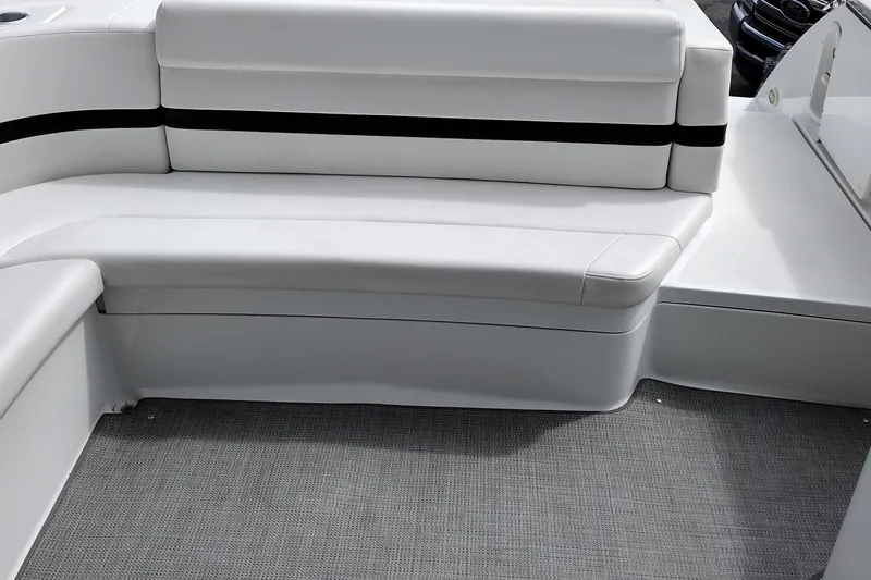 Slide: The Image of 2005 Formula 330 Sun Sport boat interior with white cushioned seating and gray carpet. - 21