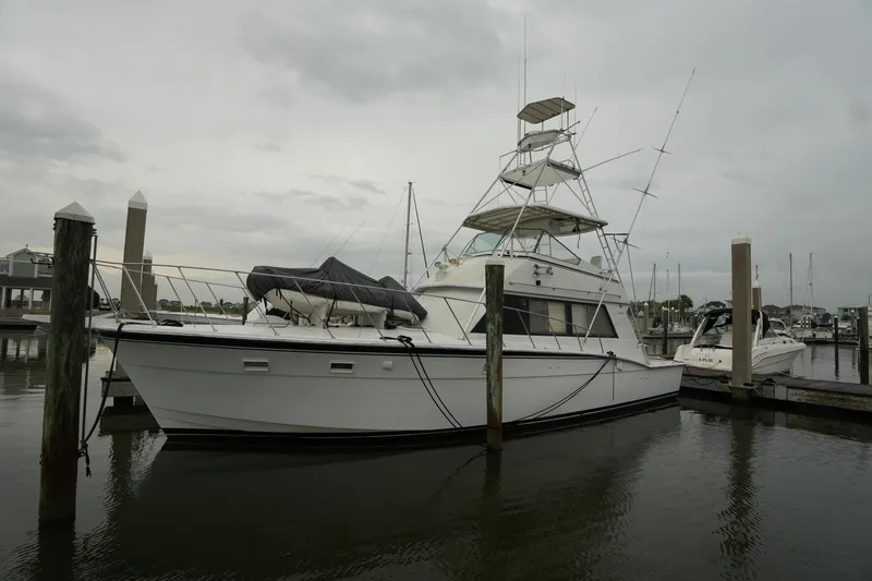 The Image of 1980 Hatteras 50 Convertible yacht docked at marina under cloudy skies. - 1
