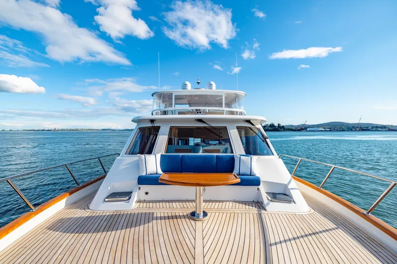 Slide: The Image of 2023 Offshore Yachts 64 ELV on serene water, showcasing elegant deck and seating area. - 32