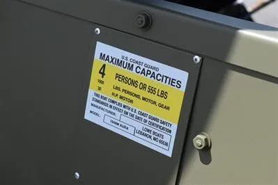 Slide: The Image of 2024 Lowe L1648M Aura Jon boat capacity label, maximum 4 persons or 555 lbs. - 10