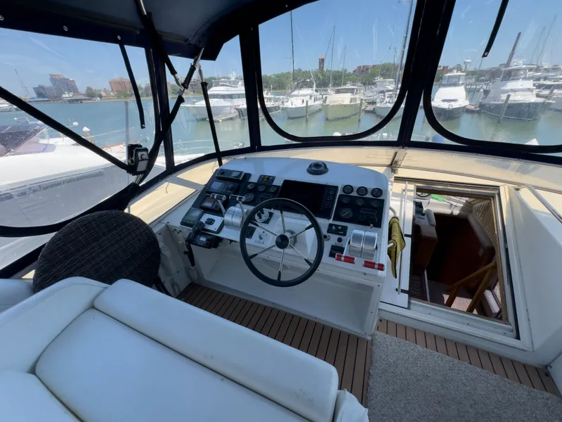 Slide: The Image of Interior view of Navigator 5300 yacht cockpit, 1999 model, docked in marina. - 47