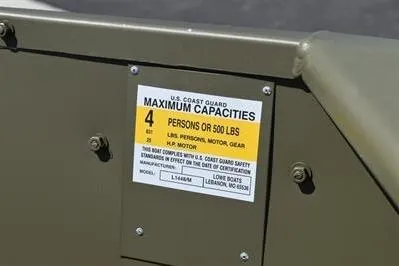Slide: The Image of 2024 Lowe L1448M Jon boat capacity label, indicating a maximum of 4 persons or 500 lbs. - 3