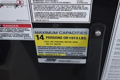 Slide: The Image of Capacity label on 2026 Princecraft Quorum 25 RL: 14 persons or 1915 lbs. - 27