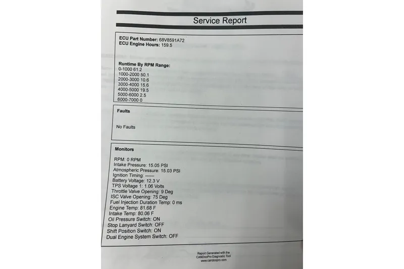 Slide: The Image of Service report for 2014 Key West 176 Sportsman CC, showing engine runtime and diagnostics. - 19