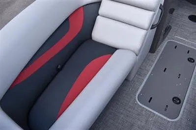 Slide: The Image of 2026 Princecraft Ventura 194 boat interior with gray and red seating, modern design. - 11