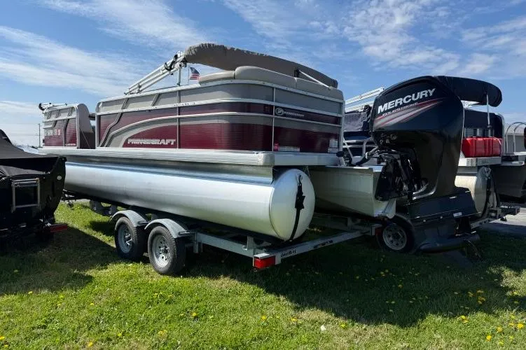 Slide: The Image of 2016 Princecraft Vectra 21 pontoon boat with Mercury outboard motor on trailer. - 1