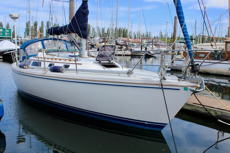 The Image of 1989 Catalina 36 sailboat docked in a marina, surrounded by other boats. - 0
