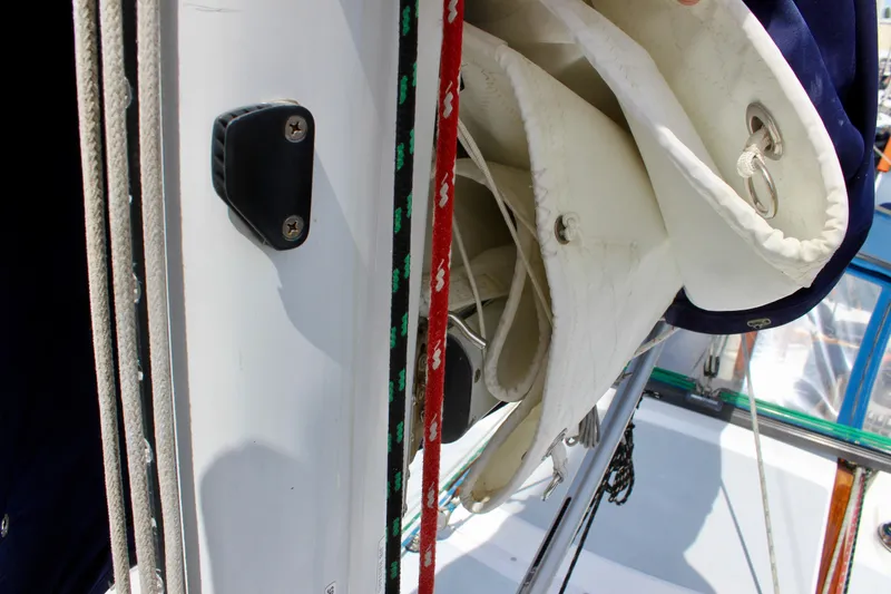 Slide: The Image of Close-up of Catalina 36 sailboat rigging and sail details, 1989 model. - 16