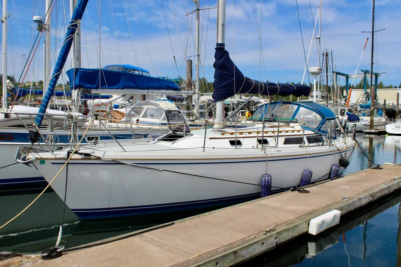 Slide: The Image of 1989 Catalina 36 sailboat docked at a marina under a clear blue sky. - 2