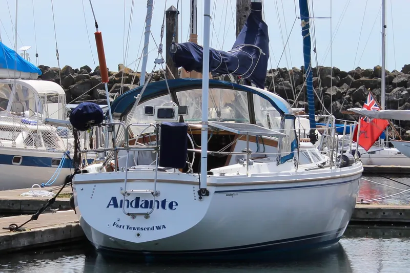 Slide: The Image of 1989 Catalina 36 sailboat docked at marina, named "Andante," Port Townsend, WA. - 3