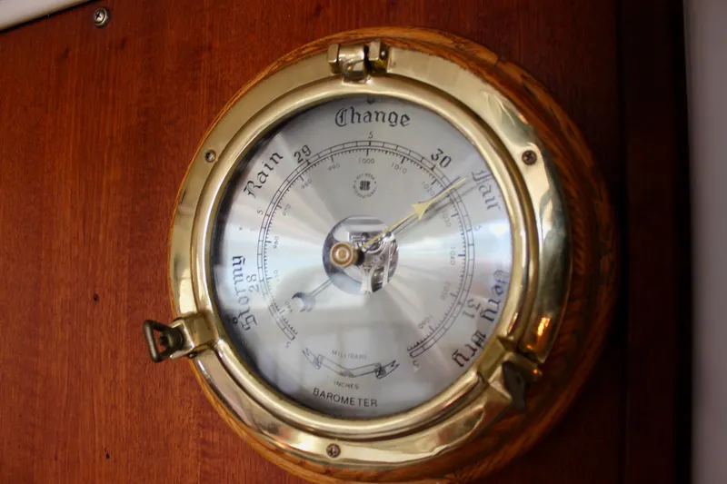Slide: The Image of Brass barometer on Catalina 36 yacht, 1989 model, mounted on wooden panel. - 49