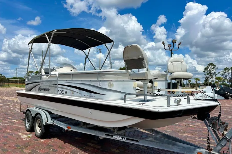 Slide: The Image of 2008 Hurricane FunDeck 226 RE boat on trailer under blue sky with clouds. - 8