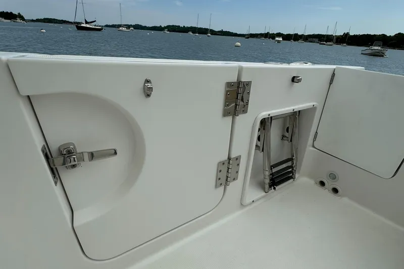 Slide: The Image of 2020 Edgewater 262 CX boat interior with storage compartments and ladder. - 17