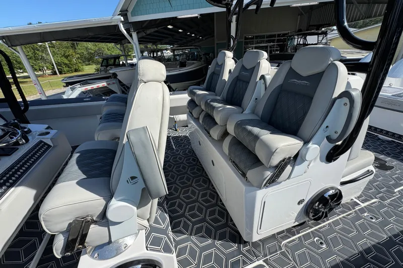Slide: The Image of Interior of 2022 Invincible 46 Catamaran featuring luxurious seating and modern design. - 28
