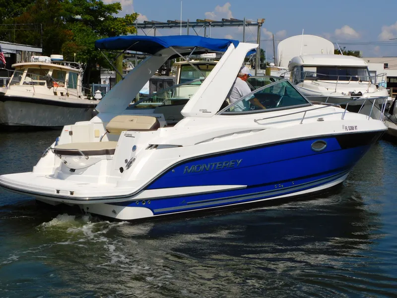 Slide: The Image of 2019 Monterey SPORT YACHT 295 in a marina. - 2