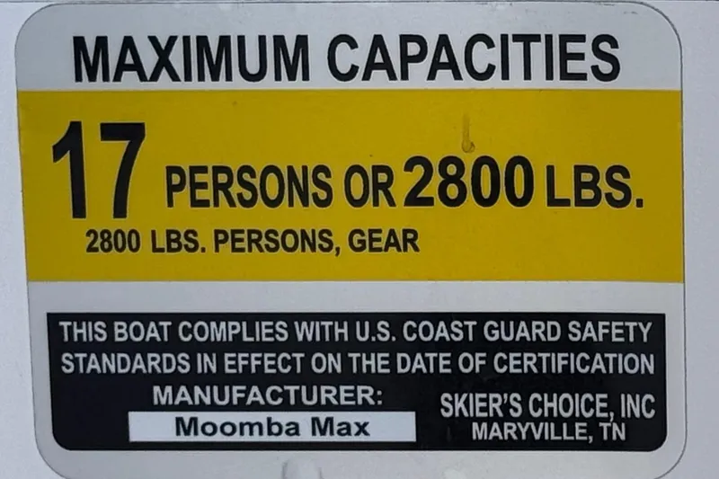 Slide: The Image of 2019 Moomba Max capacity label: 17 persons or 2800 lbs, U.S. Coast Guard compliant. - 39