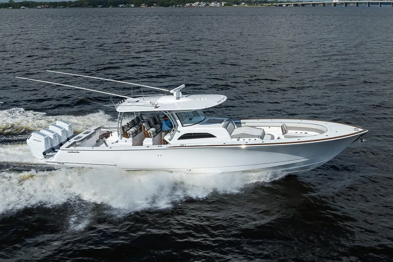 The Image of Valhalla V-46 2026 model boat cruising on open water, showcasing sleek design and powerful engines. - 0