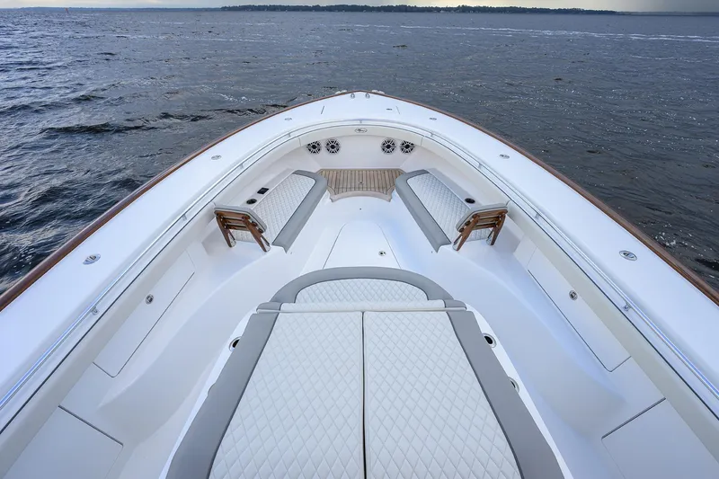 Slide: The Image of Luxurious 2026 Valhalla V-46 boat interior with elegant seating and ocean view. - 10