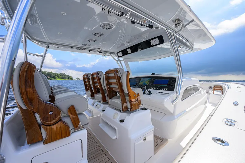 Slide: The Image of 2026 Valhalla V-46 boat interior with luxurious seating and advanced navigation system. - 20