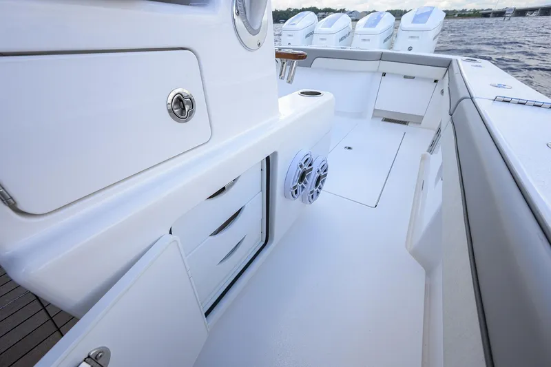 Slide: The Image of 2026 Valhalla V-46 boat interior with sleek white design and modern features. - 34