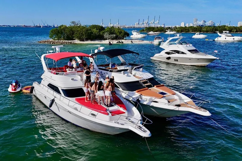Slide: The Image of 2002 Sea Ray 450 Express Bridge yacht with people enjoying a sunny day on the water. - 10