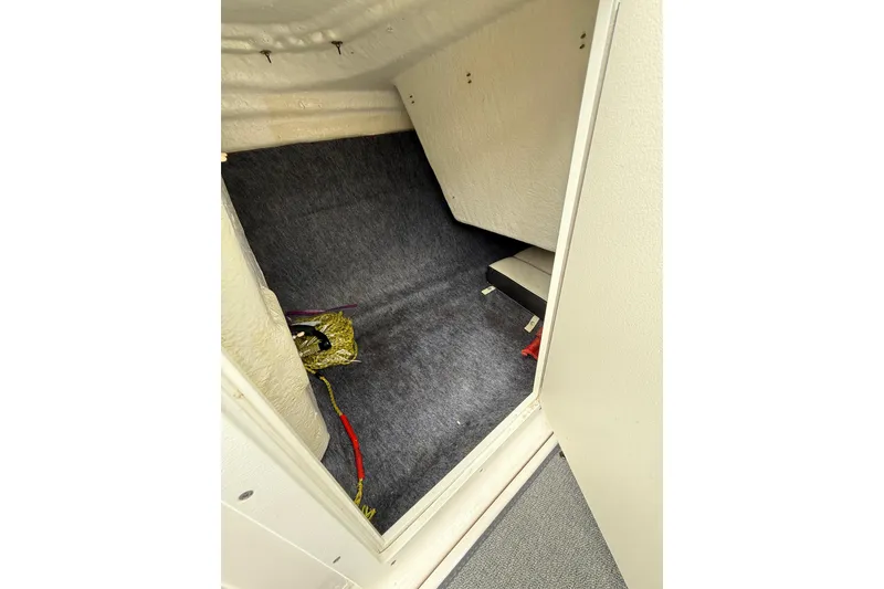 Slide: The Image of Interior storage compartment of a 2019 Yamaha Boats AR210, featuring carpeted flooring and accessories. - 25
