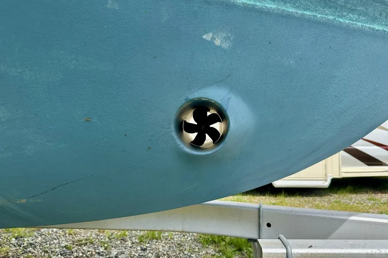 Slide: The Image of Close-up of a 1973 Albin 25 boat's bow thruster on a trailer. - 11