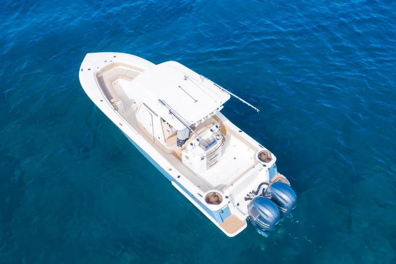 Slide: The Image of 2019 Scout 275 LXF boat with dual engines on clear blue water. - 4