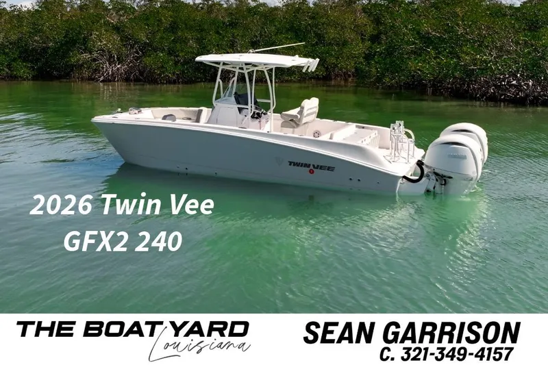 The Image of 2026 Twin Vee 240 GFX CC boat on calm water, featuring dual engines. - 1