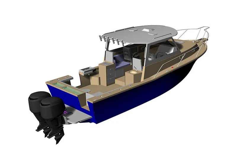 Slide: The Image of Manufacturer Provided Image: 2025 NorthCoast 315 HT boat with dual outboard motors, sleek design, and spacious deck. - 3