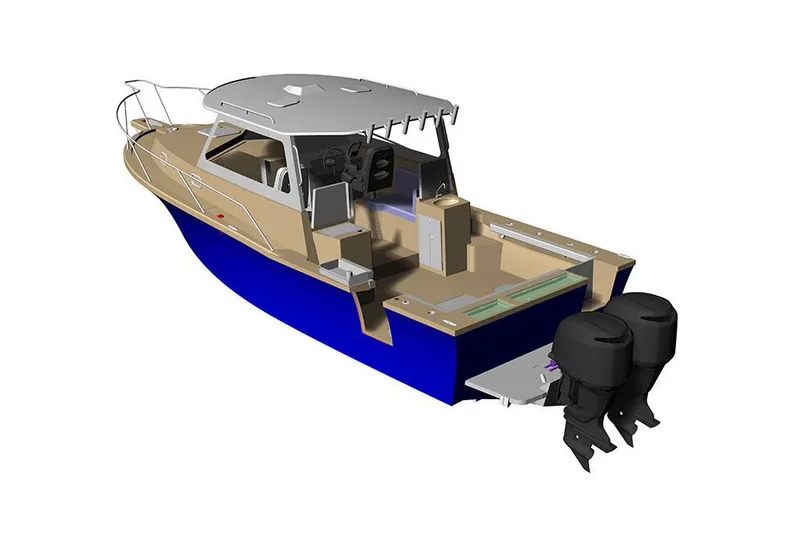 Slide: The Image of Manufacturer Provided Image: 2025 NorthCoast 315 HT boat with dual outboard motors, blue hull, and spacious deck. - 4