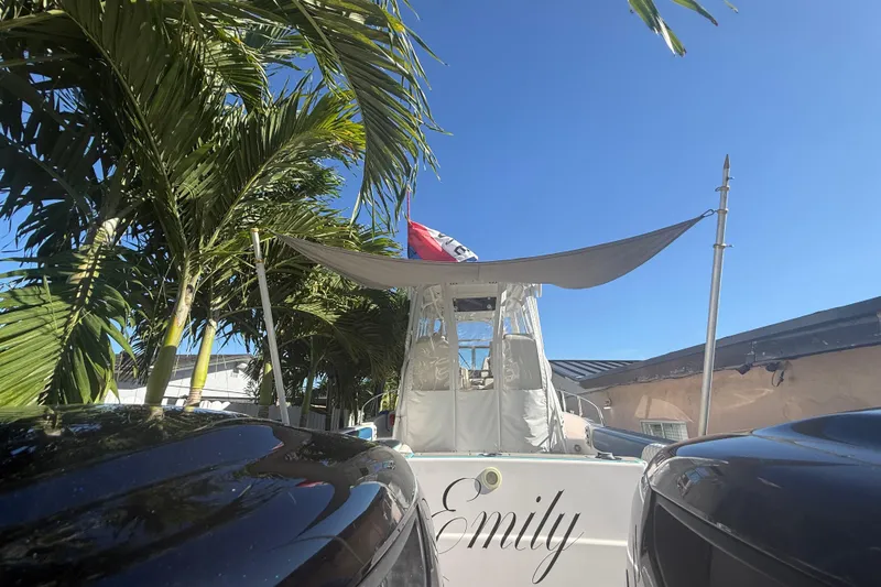 Slide: The Image of Grady-White Sailfish 272 boat named Emily, docked under palm trees, clear blue sky. - 27