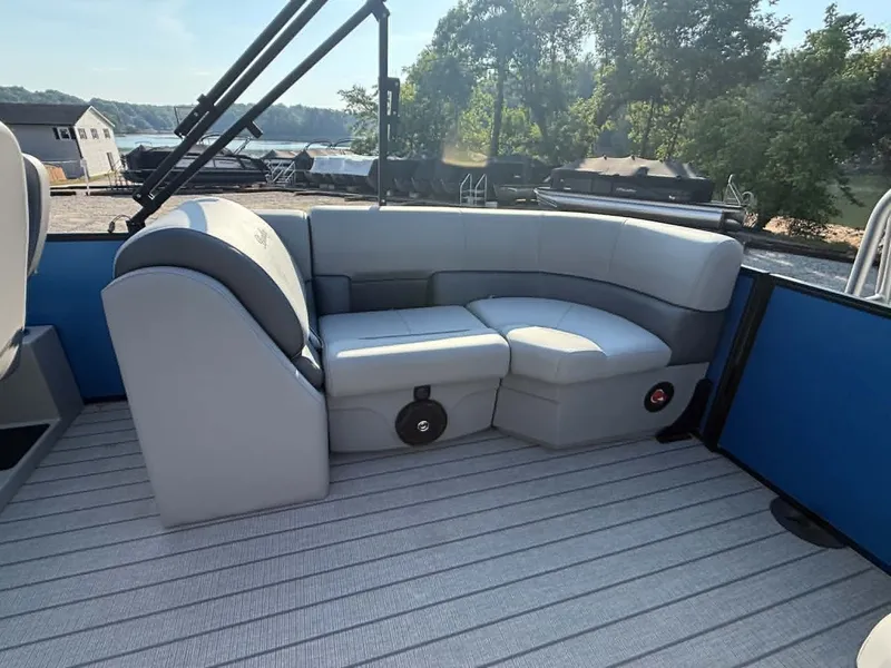 Slide: The Image of Interior of Bentley Pontoons Legacy 223 Navigator 2026 with gray seating. - 26