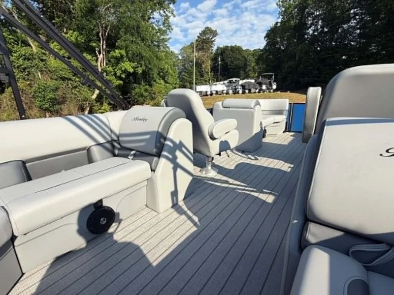 Slide: The Image of Interior of 2026 Bentley Pontoons Legacy 223 Navigator with gray seating. - 9